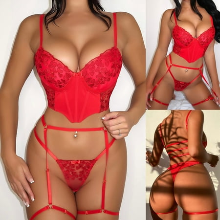 

Honeeladyy Women Exquisite Mesh Lingerie Bra+Garter+Briefs Set Babydoll Cut-Out Sleepwear erotic lingerie plus size