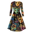 thumbnail image 6 of JGNGSHN Womens Mardi Gras Dresses Fashion Long Sleeve V Neck Carnival Mask Printed Dress Pleated Parade Dress, 6 of 6