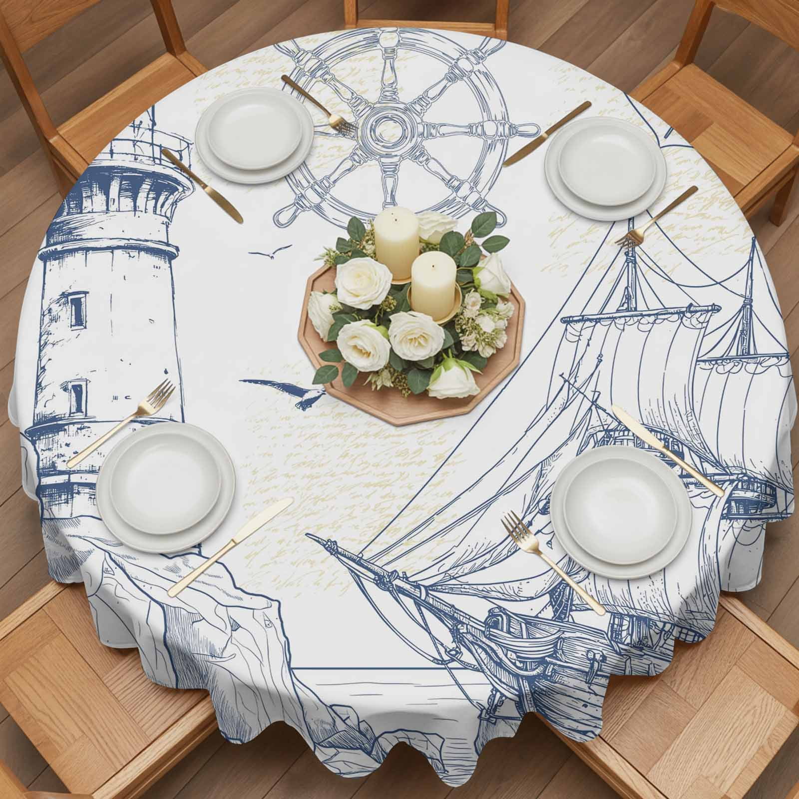 Round Tablecloth Blue Nautical Boat Waterproof Oil Proof Polyester Table Cloth Cover Decor for Home Dining Outdoor,Patio,Parties, 60" Dia. Classic Ocean Lighthouse Sailing Anchor