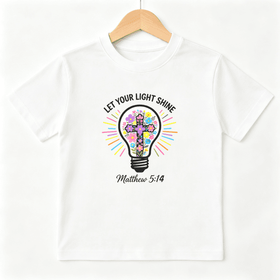 Let Your Light Shine Bulb Girls Graphic Tee, Retro Christian 100% Cotton Kids Short Sleeve T-Shirt