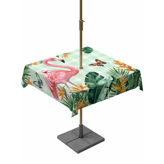 Outdoor Tablecloth with Umbrella Hole for Patio/Picnic/Party/Camping, Pink Flamingo Waterproof Table Cloth Square Cover Washable, Summer Tropical Palm Leaves Green Plaid (54"x 54")