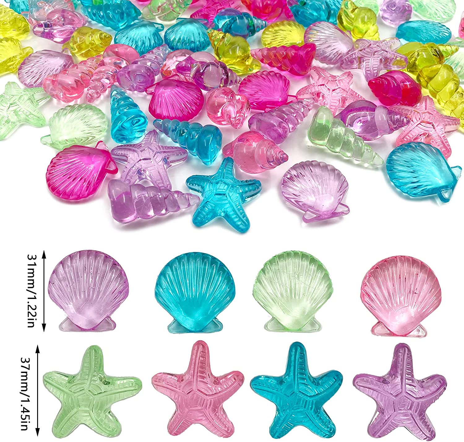92pcs/Set 4 Styles Acrylic Seashells Conch Starfish Assorted Color for  Table Scatters Beach Theme Sea Shells Party Decoration Crafts 