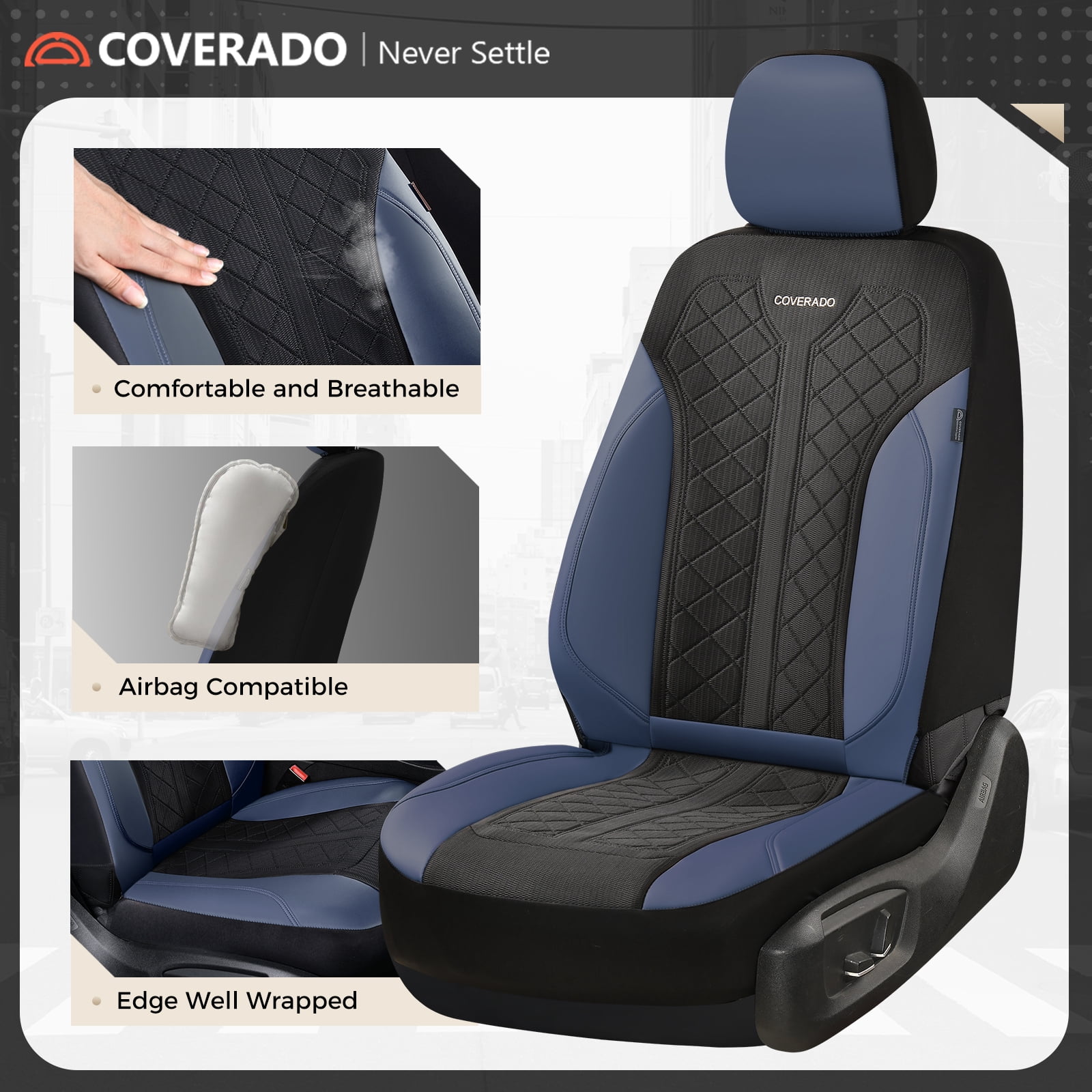Coverado Front Car Seat Covers, 2 Seats Luxury Faux Leather Seat Protectors, Universal Fit for Most Cars, Black&Blue