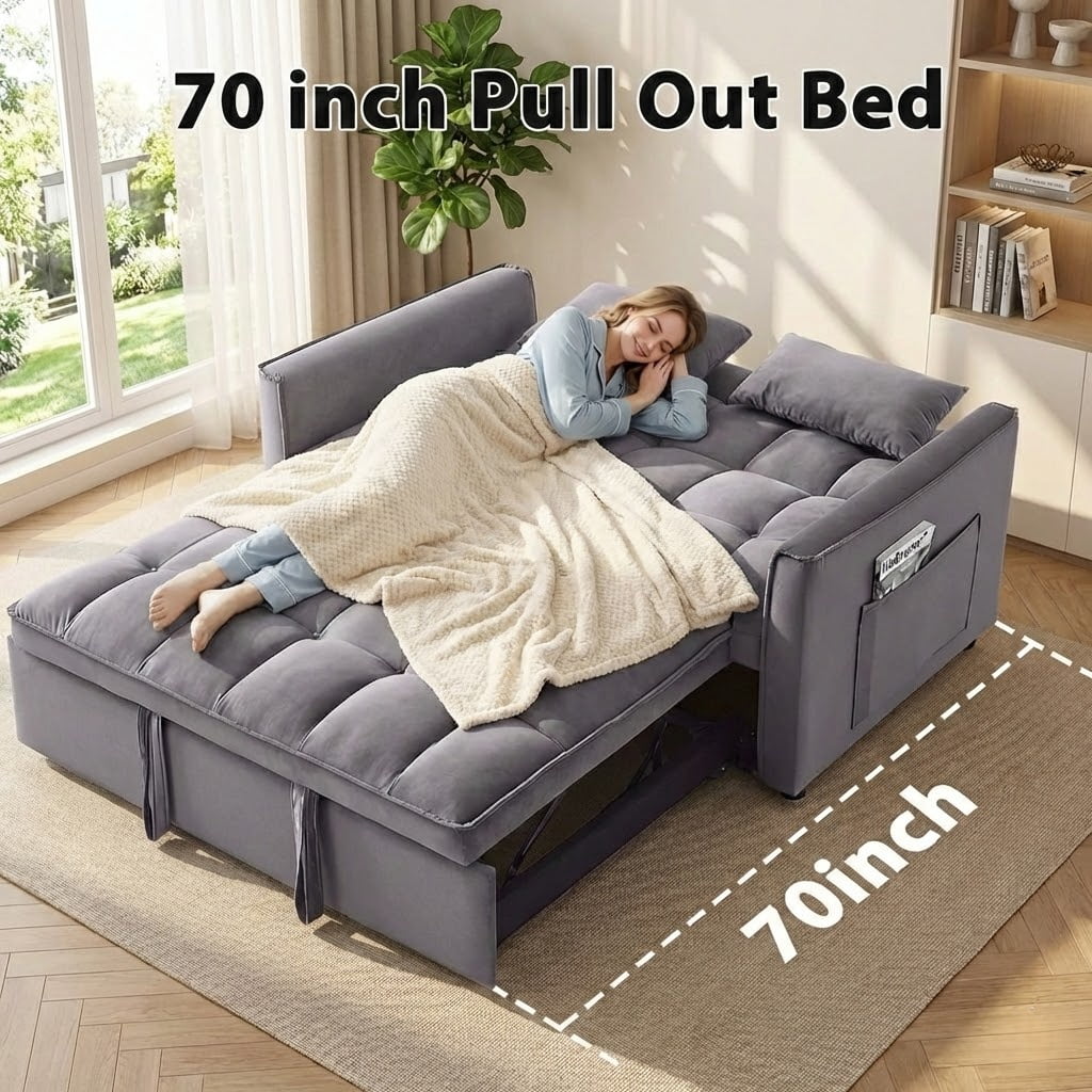 Xiweot Convertible Sleeper Sofa Bed, 55" Pull Out Couch with Side Pockets, 3 in 1 Velvet Loveseat Sofa with Adjustable Backrest for Living Room Bedroom Apartment (Dark Gray)