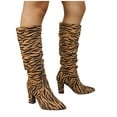 thumbnail image 6 of Miluxas Women Block Mid Heel Over Knee Boots Pointed Toe Knee High Boots Leather Zebra Pattern Mid Chunky Heel Comfy Winter Warm Fashion Dress Heeled Boots Brown 6(37), 6 of 9