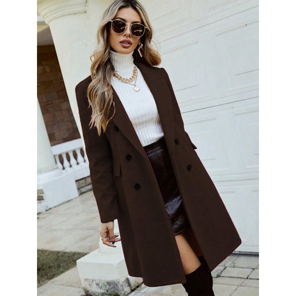 Womens Brown Double Breasted Lapel Collar Overcoat Fall Winter Long Coat