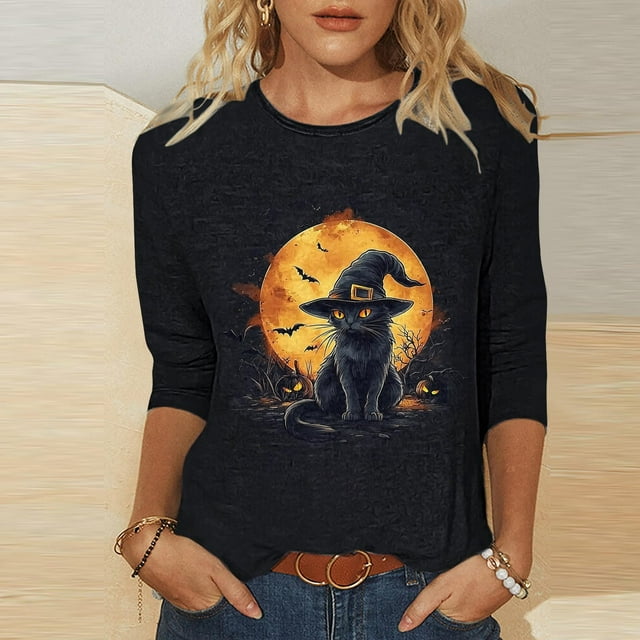 VKOYWKM Halloween T-Shirts Femmes Manches 3/4 Imprimé Chat Noir Haut Halloween Automne Hiver Coupe Ample Col Rond T-Shirts Graphiques Effrayants