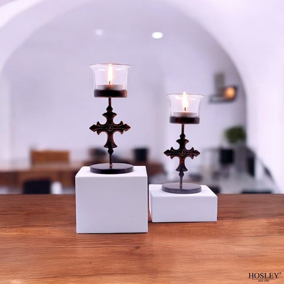 Hosley Set of 6 Black Metal & Glass Votive Candle Holders | Decorative Tea Light Holders for Home Decor, Wedding, Parties, and Dining Table Centerpieces