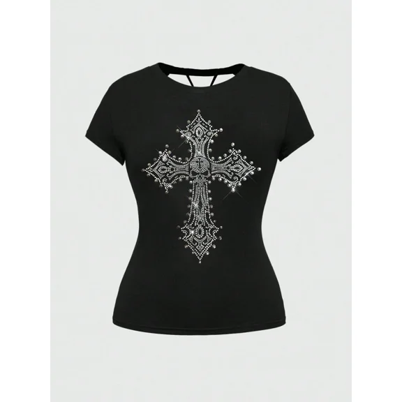 Rhinestone Cross Vintage Grunge Y2K Short Sleeves Crewneck Cotton Unisex Men's Women's Tee Shirt