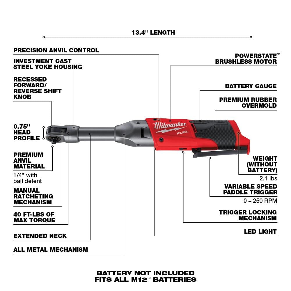 Lithium Ion M12 Fuel 12 Volt Brushless Cordless Extended Reach Ratchet Tool Only 