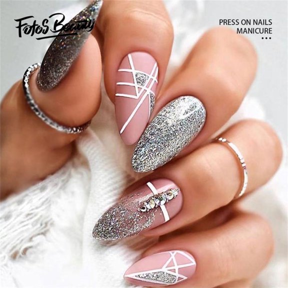 Fofosbeauty 24 pcs Medium False Nails, Press-on Nails Designs 2022, Almond Sliver Gradual Prints