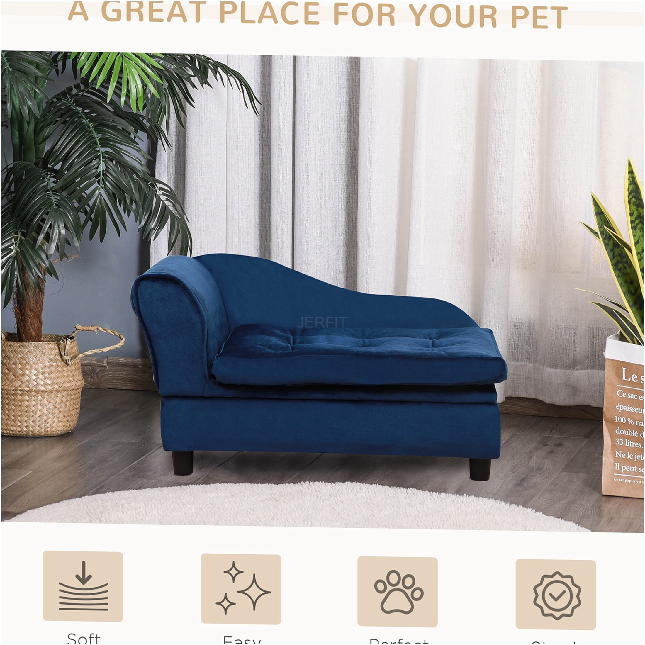 JERFIT Modern Dog Bed with Storage, Small Dog Couch Sofa with Plush 3" Foam Cushion, Cozy Pet Furniture for Puppies, Cats & Small Breeds, Blue Wooden Frame