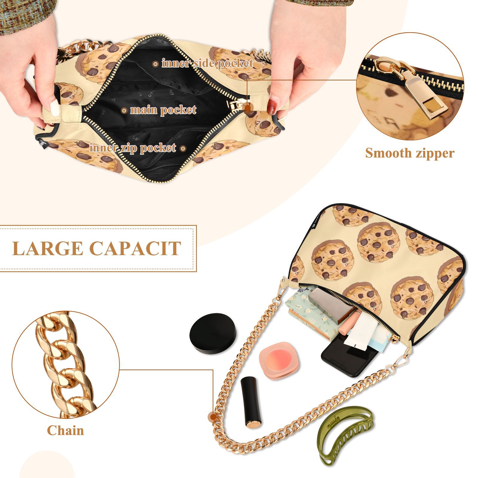 Chocolate Chip Cookies SmallWomen Small Shoulder Bag Crossbody Tote Hobo Bags Purse Clutch Handbags with Chain Strap for Women