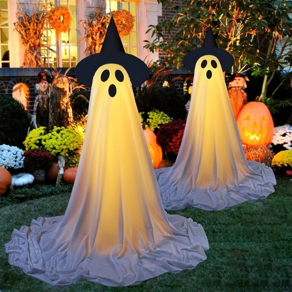 Anvora 2Packs Halloween Decorations Outdoor Standing Ghost, Light Up Spooky Ghost with Witch Hat & Remote Control, Glowing Halloween Decor for Yard Porch Lawn Garden Party Supplies Haunted House
