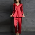 thumbnail image 4 of Women's Silk Satin Pajamas 2 Piece Outfits Casual Soft Lace V Neck 3/4 Sleeve Shirts and Pants Sets Sleepwear Pjs Red, 4 of 9
