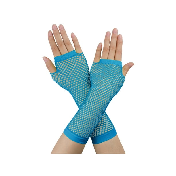 Accesorios de disfraz de fiesta de malla sin dedos para mujeres de los años 1980, guantes de red, 2 pares, turquesa, largo-2 pares