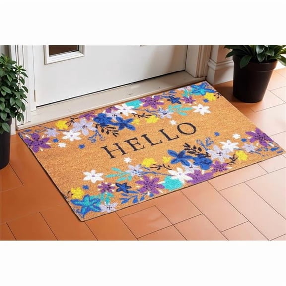 HomeRoots 632298 17 x 29 in. Natural Blue & Purple Floral Hello Outdoor Coir Door Mat