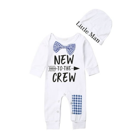 

Newborn Baby Boy Girl Funny Words Long Sleeve Romper with Hat New to The Crew Letter Print Jumpsuit with Little Man Hat