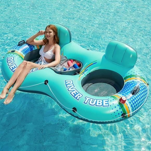 Hoihute Inflatable River Tube Float - 2 Person Heavy Duty River Float Pool Floats with Removable Cooler Lake Water Tubes for Floating River Raft Lounge Floatie with 2 Cup Holders for Adults (Cyan)