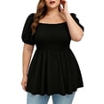 thumbnail image 2 of hlysgo Women's Square Neck Tops Plus Size Smocked Peplum Blouse Top Lantern Short Sleeve Flowy Cute Shirt Shirts Black,4xL, 2 of 5