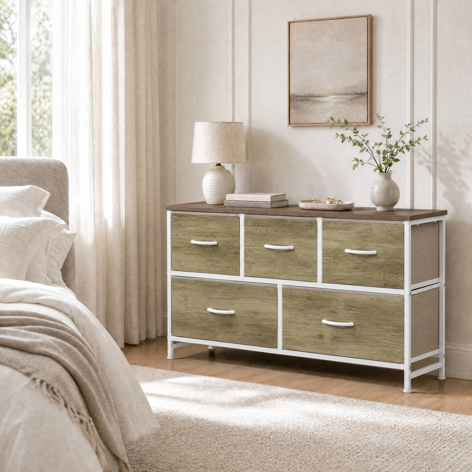 Telyra 5-Drawer Fabric Dresser TV Stand Organizer with Wood Top and Metal Frame, Oak Greige