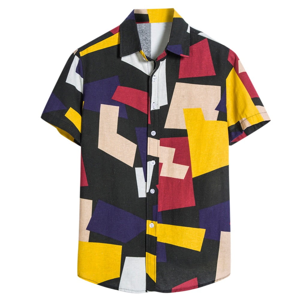Men Casual Cotton Short Sleeve Print Hawaiian Button Down Aloha Shirt 