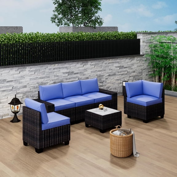 Ataucjin 6-Piece PE Rattan Wicker Patio Furniture Set with Sectional Sofa, Coffee Table, and Thickened Cushions - Durable Outdoor Conversation Set for Backyard, Balcony