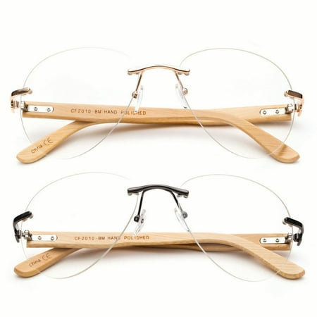 Aviator Clear Lens Glasses with Bamboo Temple Oversized Frameless Clear Lens UV Protection for Men & Women