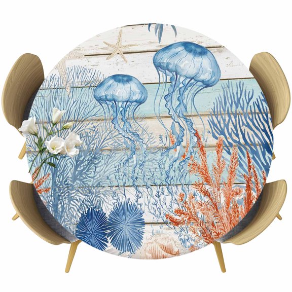Blue Coastal Jellyfish Round Tablecloth 36-44 Inch Round Fitted Table Cloth with Elastic Edge, Nautical Sea Beach Starfish Coral Waterproof Table Cover Protector for Outdoor Picnic Party Dining