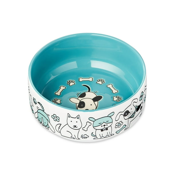 Vibrant Life Happy Dog Ceramic Dog Bowl, Teal, Medium, 6.5 inch