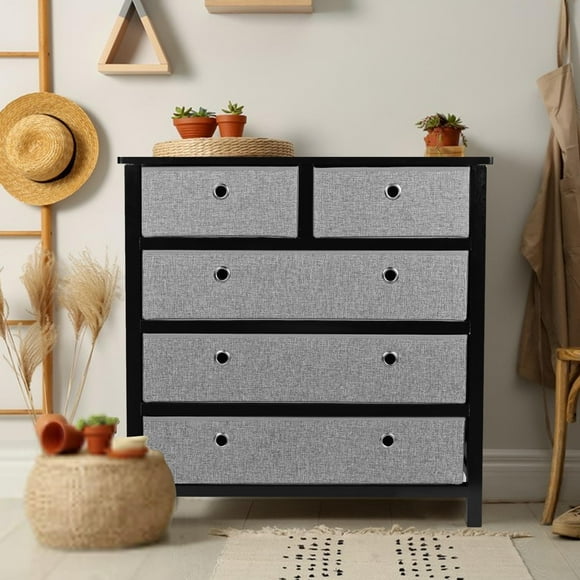 Accent Storage Cabinets Chests with 5 Removalbe Fabric Drawers and Steel Frame, Nightstand End Table Closet Organizer Drawer Dresser