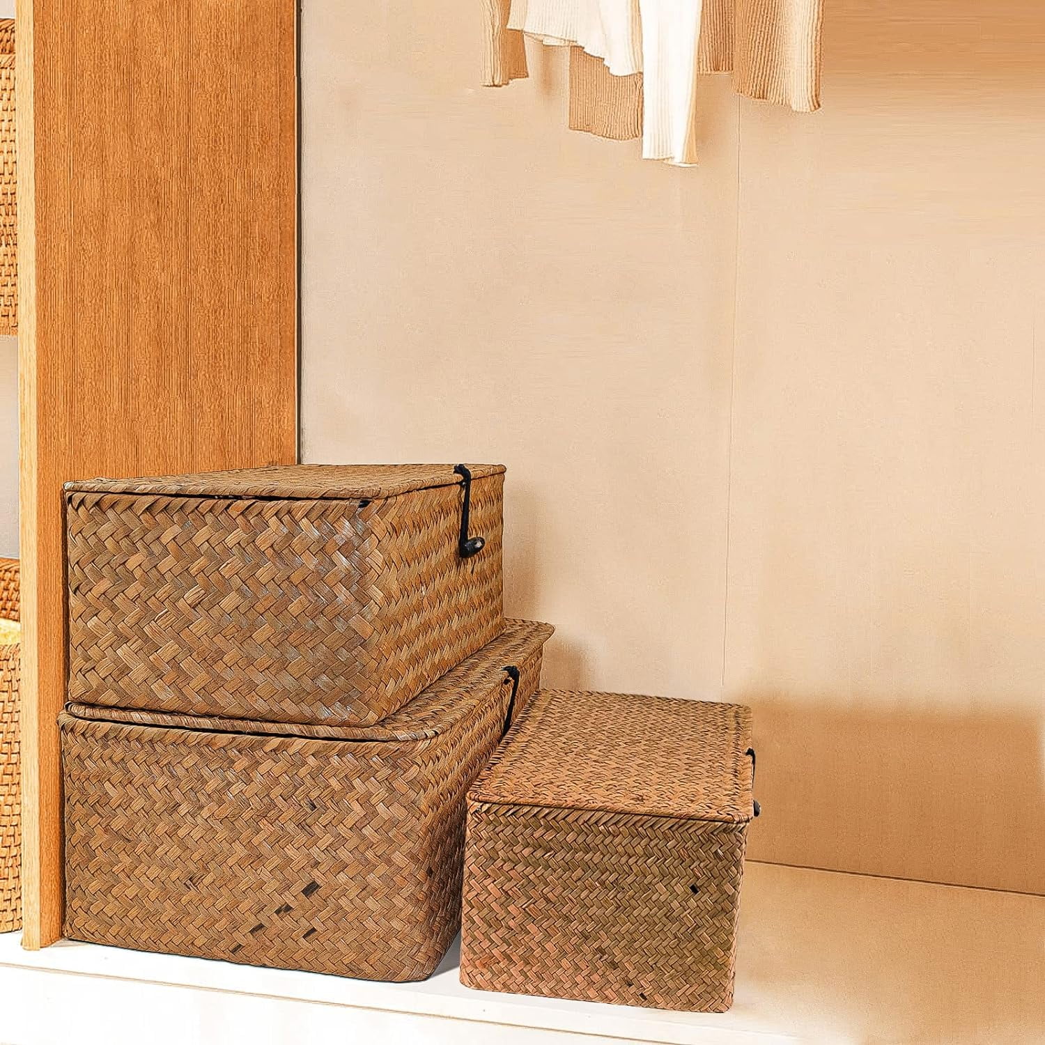 Wicker Storage Bins with Lid, 12.6inch Wicker Storage Baskets for Organizing, Rectangular Household Organizer Boxes,Woven Shelf Organizer Bins Home Utility Organizer Box for Home & Office Supplies