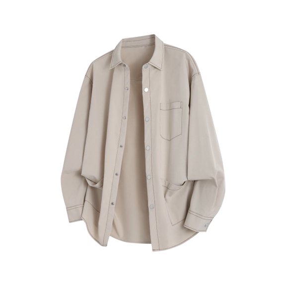 Men's Solid Color Shirts Long Sleeve Turndown Collar Button Down Loose Casual Cardigan Tops With Pockets (XL, White)