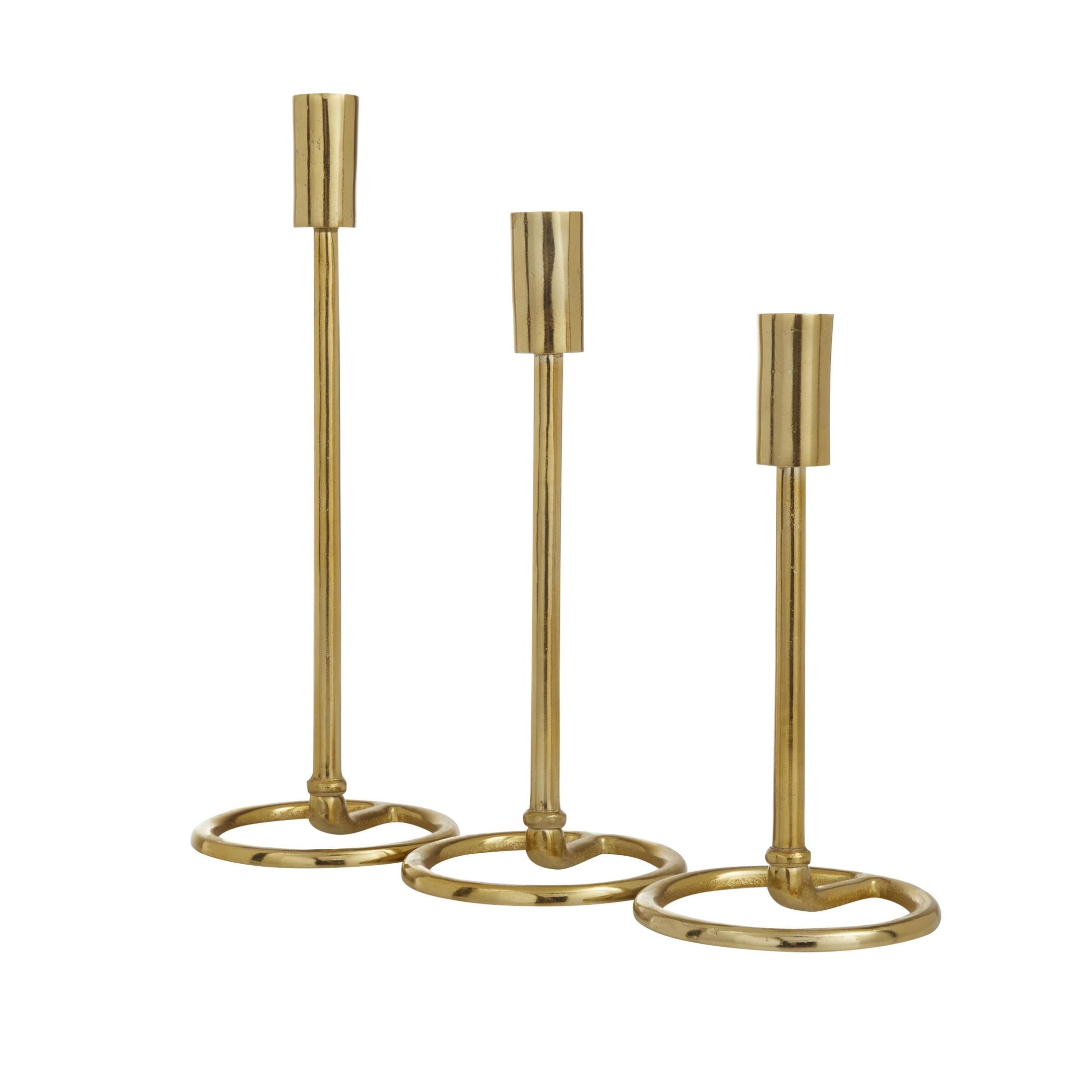 DecMode 3 Candle Gold Aluminum Metal Tapered Candle Holder with Ring Bases, Set of 3