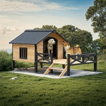 Demi Bonn 66" Outdoor Dog House for Small and Medium Dogs, Large Wood Dog Kennel with Porch, Cabin House Style Pet Houses for Cats, Beige