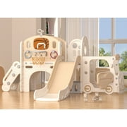 XJD 10 in 1 Toddler Slide, Kid Slide for Toddlers Age 1-3 with Ring Toss, Basketball Hoop and Bus Play House, Indoor Outdoor Slide Toddler Playset Toddler Playground, Coffee