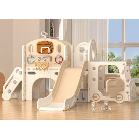 XJD 10 in 1 Toddler Slide, Kid Slide for Toddlers Age 1-3 with Ring Toss, Basketball Hoop and Bus Play House, Indoor Outdoor Slide Toddler Playset Toddler Playground, Coffee