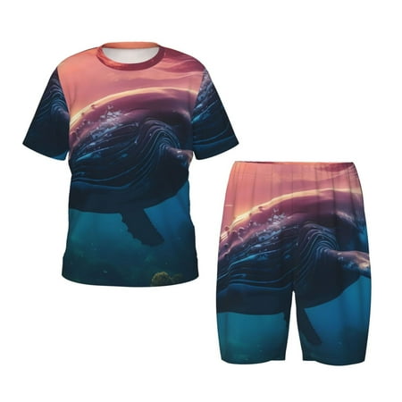 Salouo Sunshine Ocean Whale Pattern Short-Sleeved Pajamas Set for Children Kid s Summer Short Set Round Neck Pjs Set 2pcs Toddler Clothes Fit for Boys Girls-Small