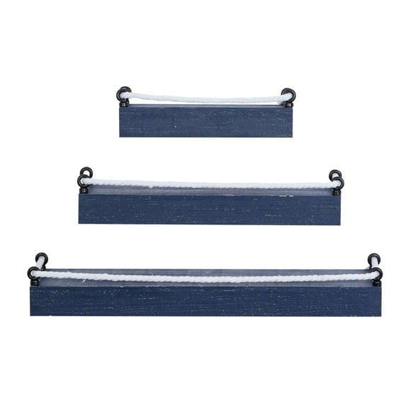 DecMode 32", 25", 17"W 3-Tier Blue Wall Shelf with Knotted Rope (3 Count)