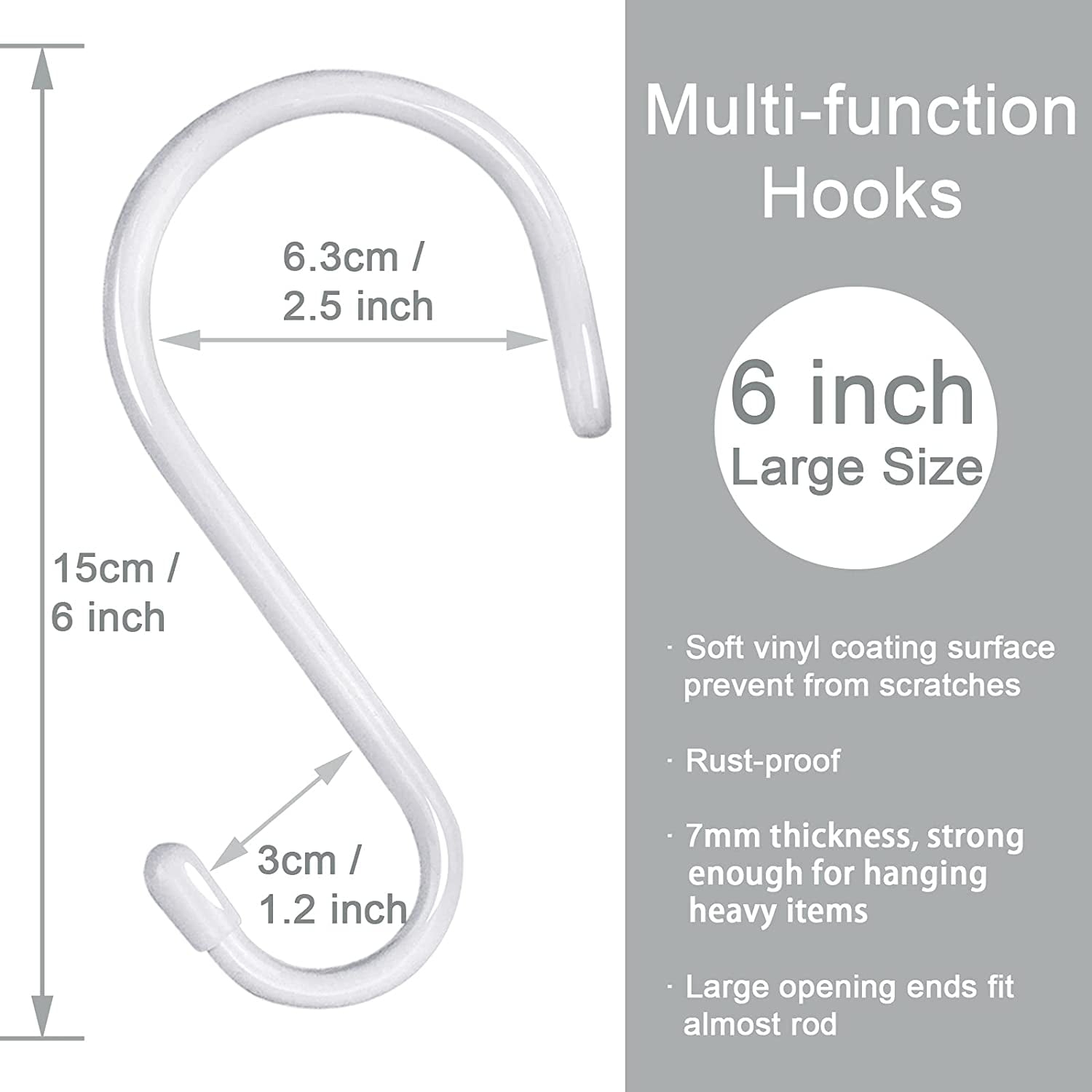 8 Pack 6 inch White S Hooks for Hanging, Large Vinyl Coated Metal S Hooks  Heavy Duty, Non Slip Rubber Coated Closet Rod Hooks for Hanging Jeans,Plants,Purse,Clothes,Bags,Pans,Pots,Cups,Towels  