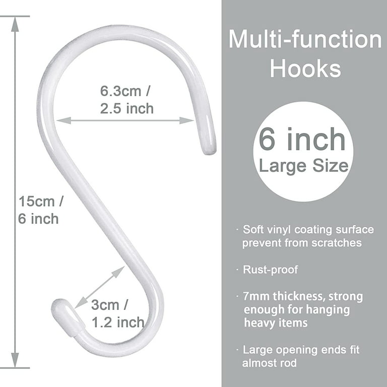 HiGift 8 Pack 6 inch White S Hooks for Hanging, Large Vinyl Coated Metal S Hooks Heavy Duty, Non Slip Rubber Coated Closet Rod Hooks for Hanging