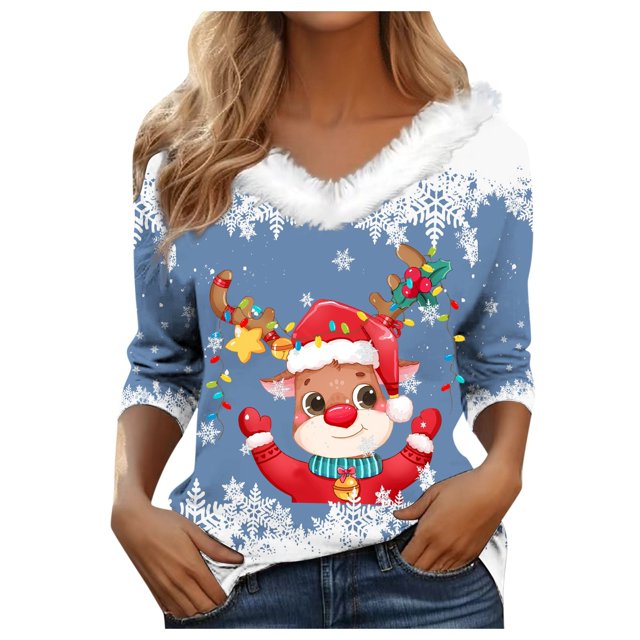 WEAIXIMIUNG T-Shirt à Manches Longues Imprimé de Noël pour Femmes Automne Hiver Mode Décontractée Col en V
