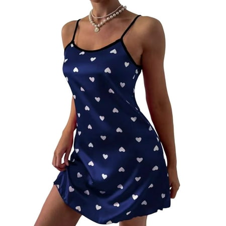 

harmtty Women Nightdress Satin Sleeveless Backless Heart Print Above Knee Seductive Low Cut Spaghetti Strap Women Nightie for Sleeping Blue