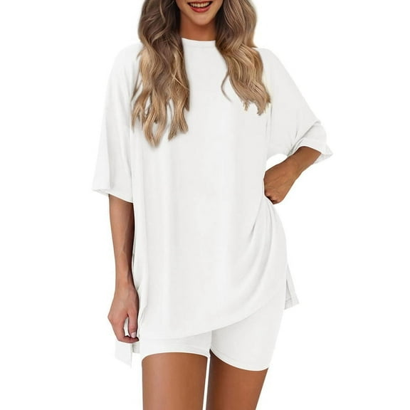 Women'S Two Piece Lounge Set 2025 Summer Casual Oversized Shirts Biker Shorts White S