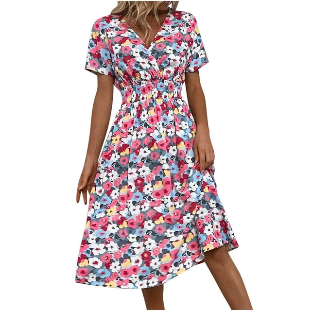 Grrvtrz 2025 Robe d'Été à Manches Courtes Col en V pour Femmes Robe Évasée Ligne A Fluide Plage Vacances Sortie Mode Imprimé