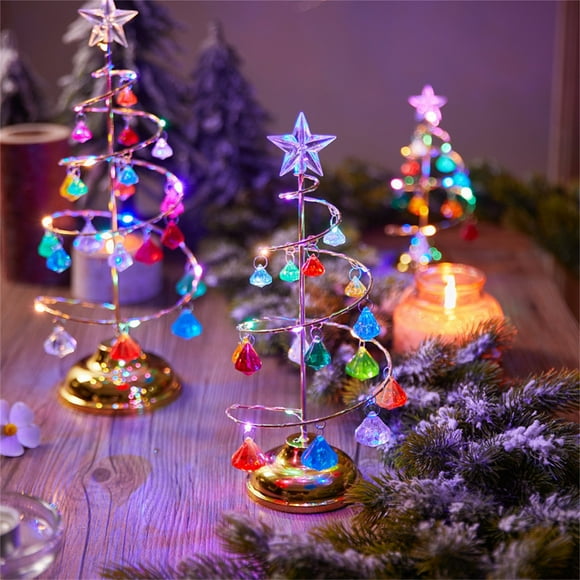 Lampe de Table Sapin de Noël à DEL Cristal Acrylique Pendentif Fil de Cuivre Veilleuse Décorative Ornement de Noël à Piles Base en Fer Stable Usage Intérieur Extérieur 1 Pce