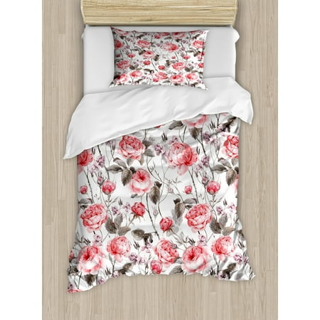 English Rose Bedding Rose Twin Size Duvet Cover Set, Classic Vintage Floral Pattern Watercolor Style Bouquet of English Roses Wildflowers, Decorative 2 Piece Bedding Set with 1 Pillow Sham, Coral Taupe, by Ambesonne ()