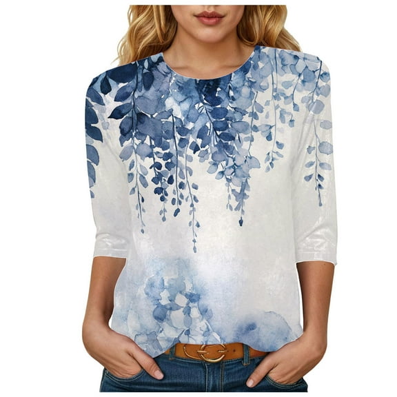 Womens 2025 Fall 3/4 Sleeve Crew Neck Blouse Fashion Print Casual Loose Fit Shirt Top