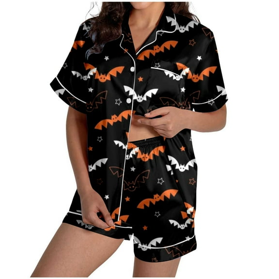 Ulitacool Halloween Pajamas Womens Sleeveless V Neck Sleepwear Top And Pants Jammies Cartoon Prints Nightwear Autummn Winter Casual Clothes L Black