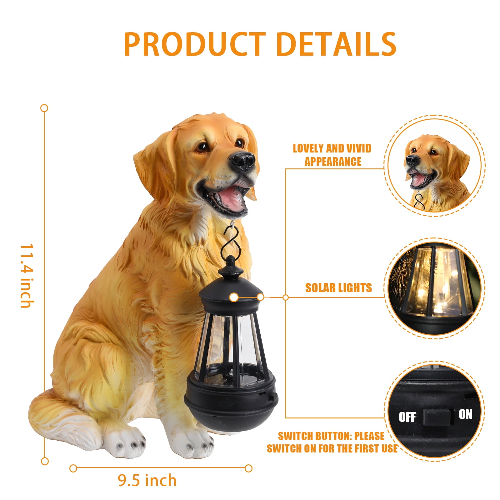 11.4 inch Dog Garden Statue with Solar Lantern,Golden Retriever,Resin Statue,Decor for Patio, Lawn & Outdoor Spaces
